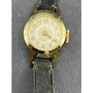 Vintage Oris Anti Shock 7 Jewels Gold Tone Watch Black Leather Band 17MM